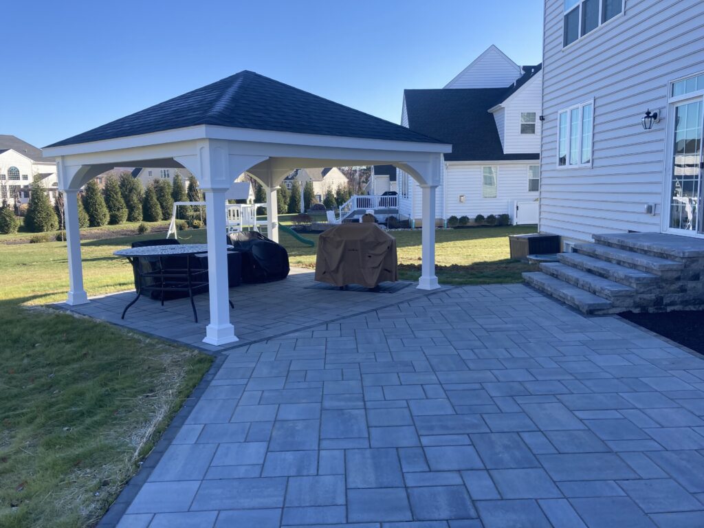 Techo-blok paver patio and stairs with backyard pavillion in Boyertown