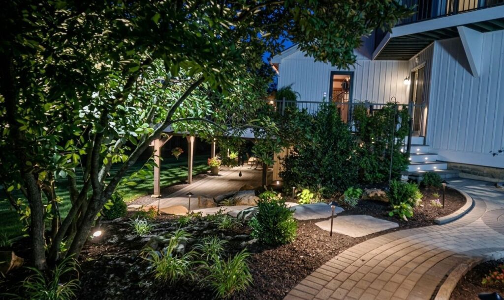 A Hardscape with outdoor lighting and steps